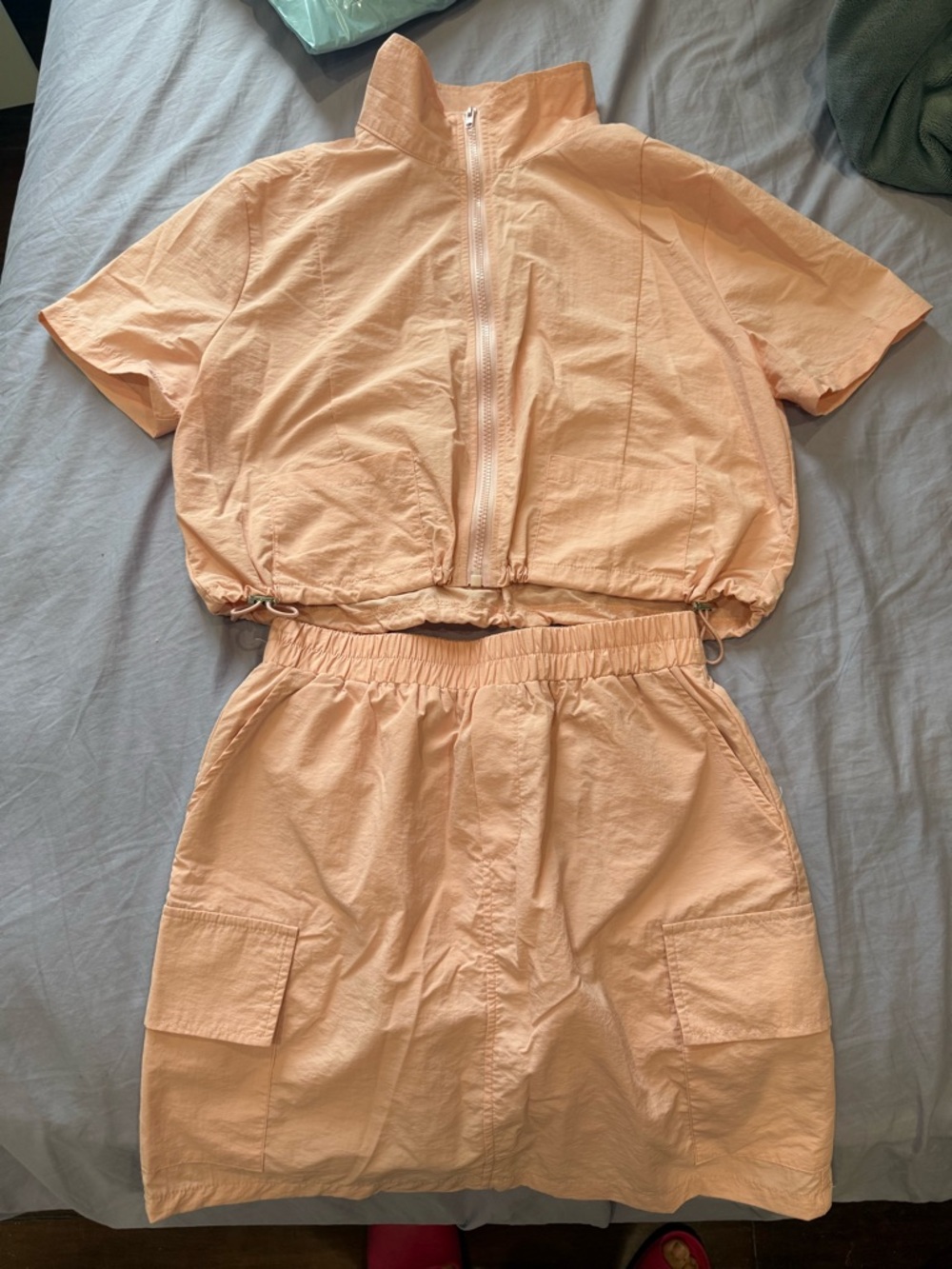 Peach Short-Sleeve Crop Jacket and Skirt Set